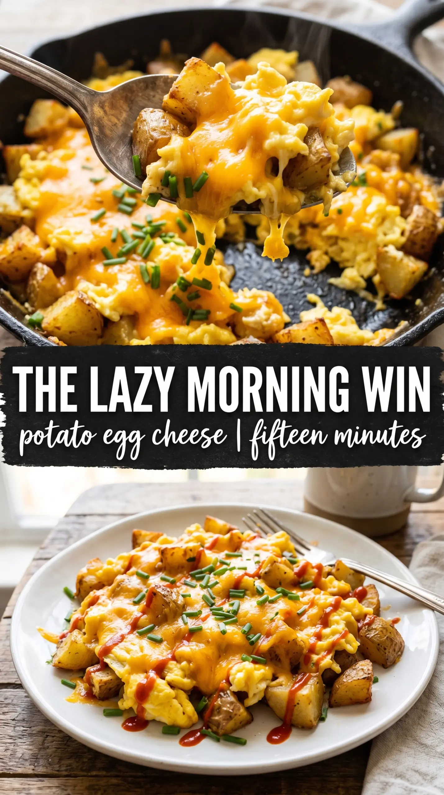 Cheesy Potato Egg Scramble crispy eggs cheddar chives