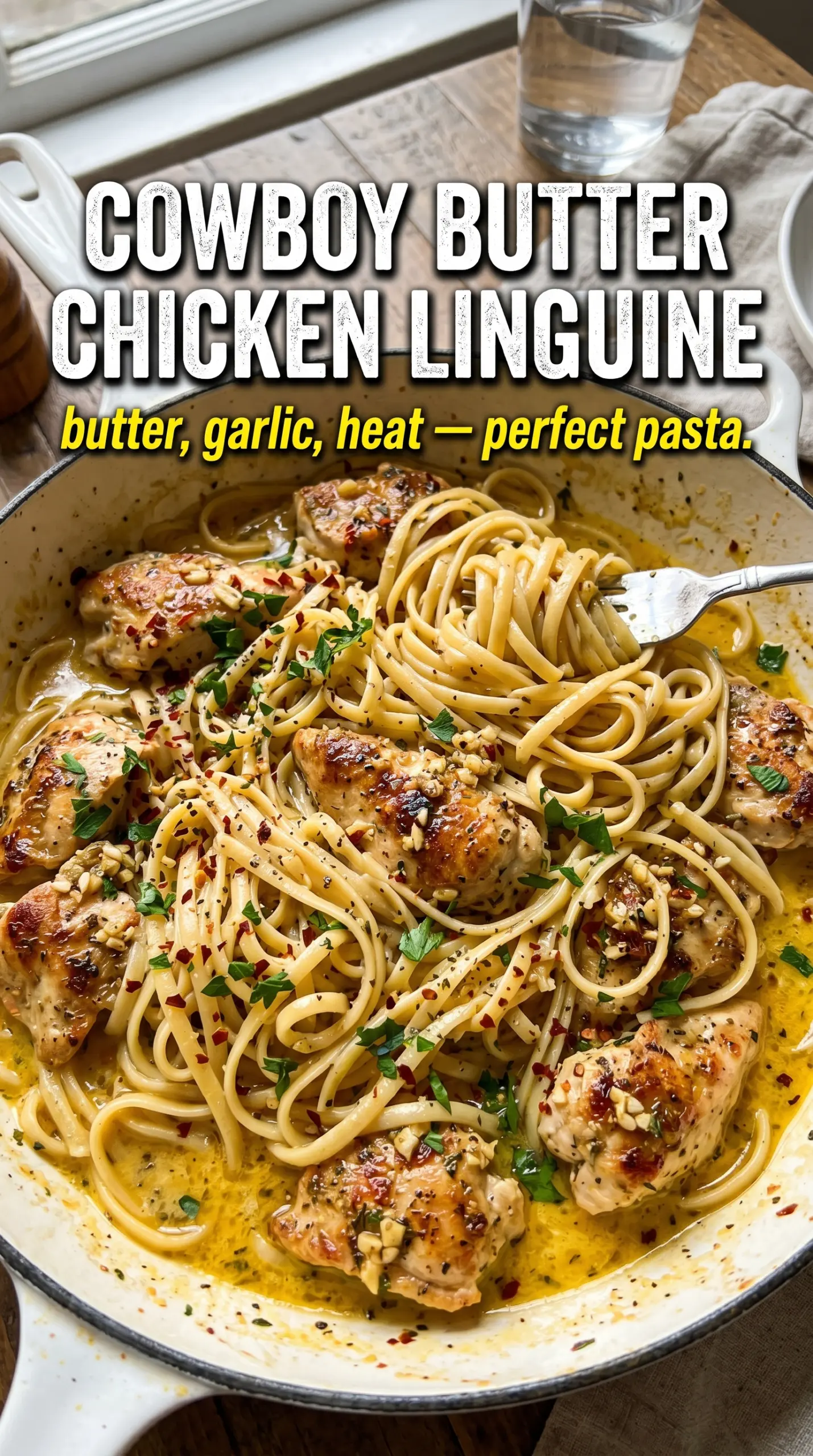 Plated pasta with chicken and sauce