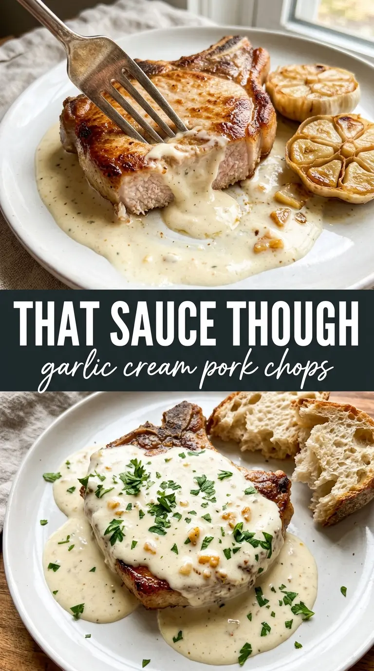 Creamy Garlic Pork Chops with golden sauce, skillet dinner, herb flecks