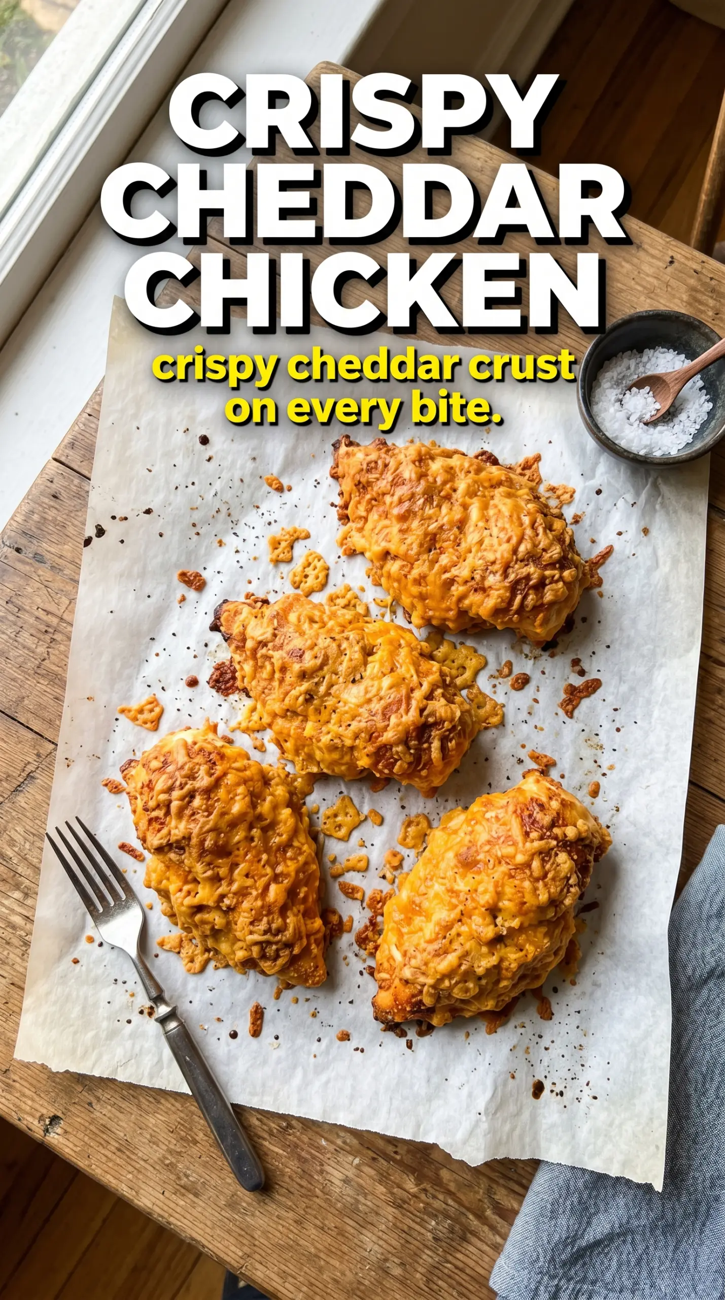Crispy Cheddar Chicken golden crust, cheesy baked chicken, juicy interior