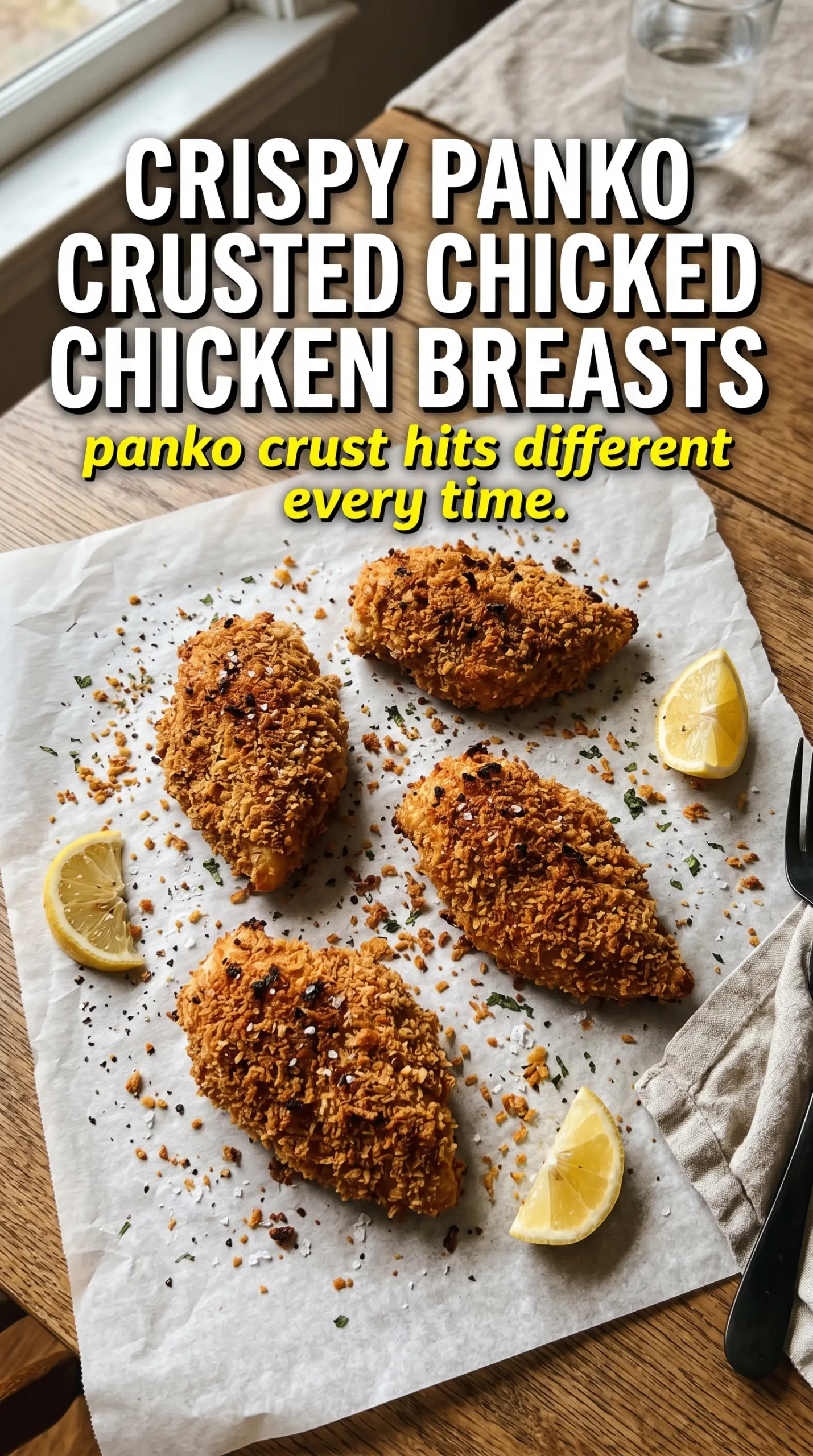 Crispy panko crusted chicken breasts golden crunchy juicy