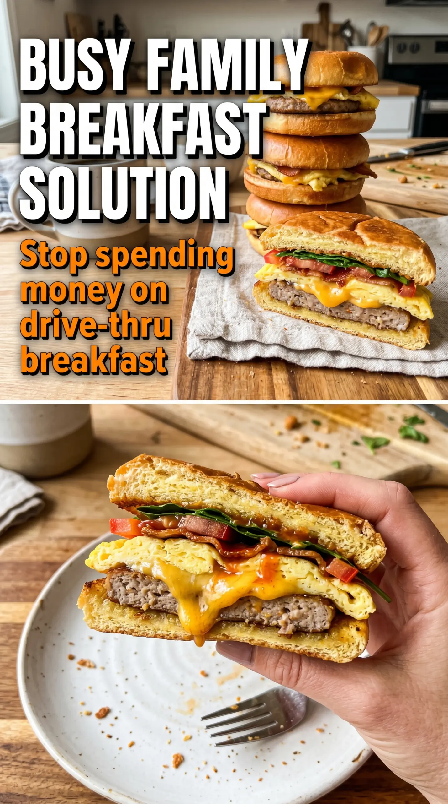 Freezer Breakfast Sandwiches stacked breakfast-ready