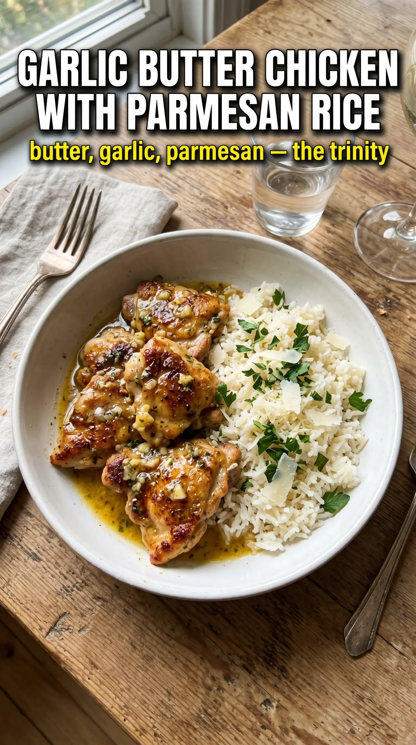 Garlic Butter Chicken with Parmesan Rice golden creamy skillet