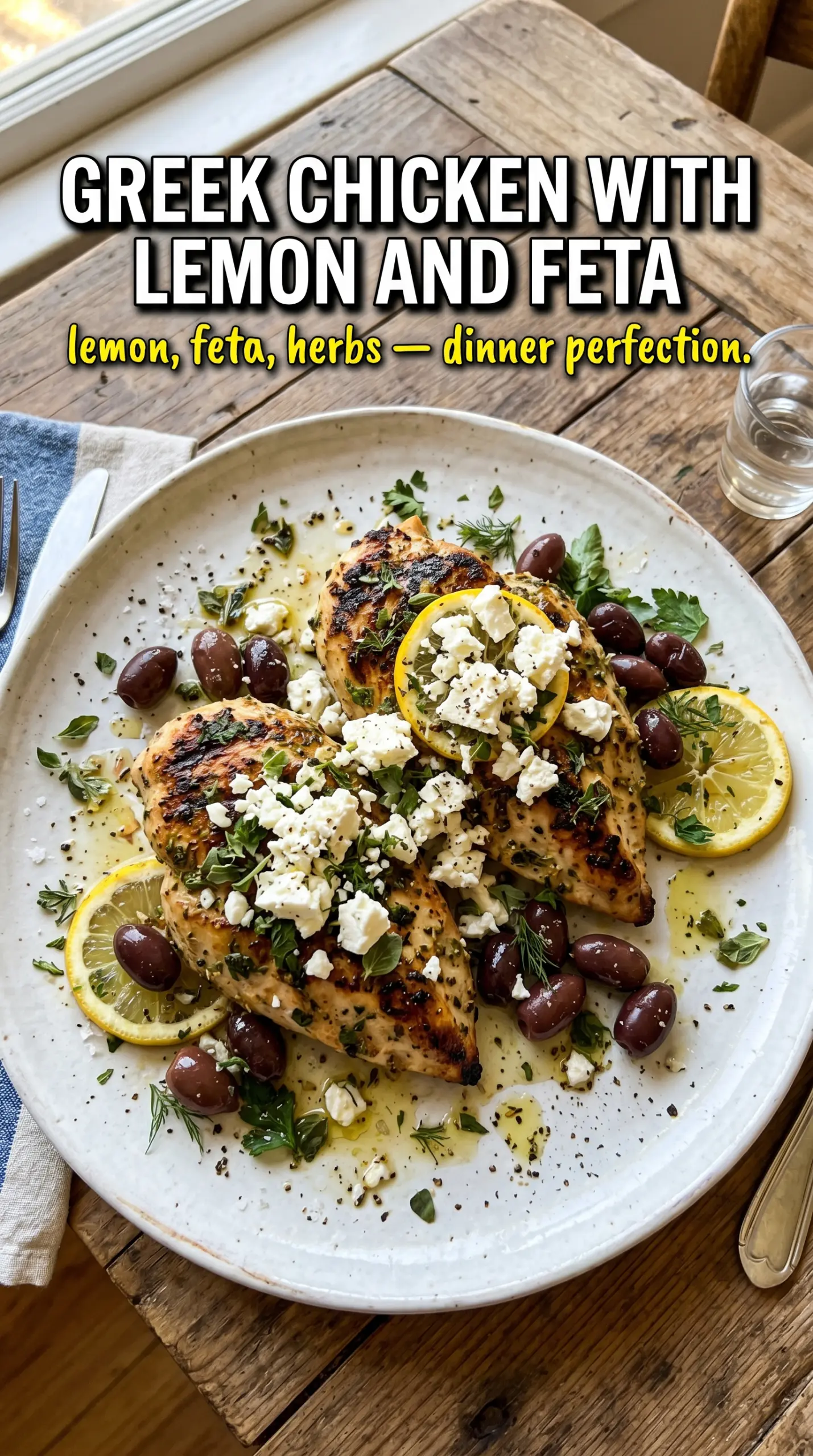 Greek chicken with lemon and feta, golden roasted, savory, bright