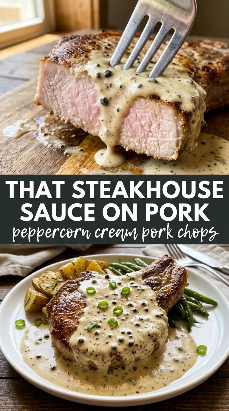 Pork chops with peppercorn sauce, creamy, seared, peppery