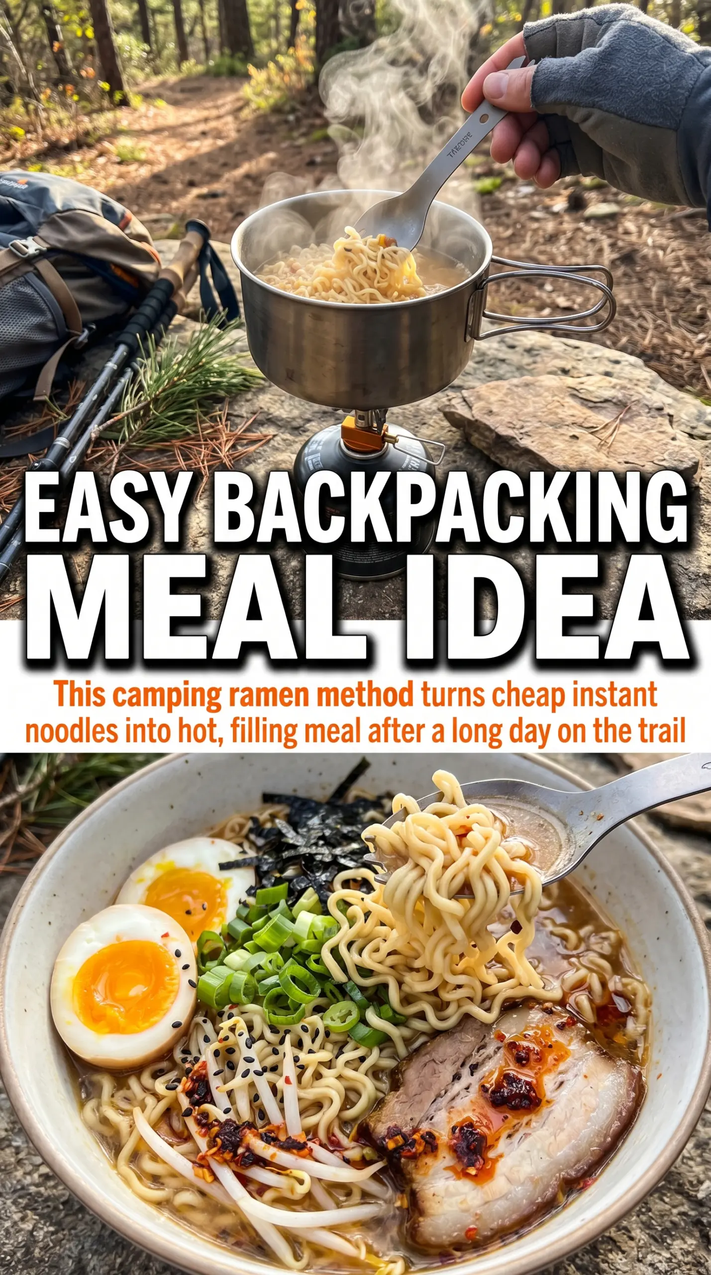 Camping ramen steaming vegetables eggs