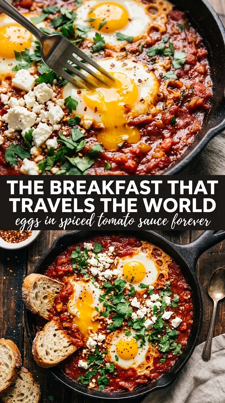 Shakshuka bubbling eggs tomato sauce