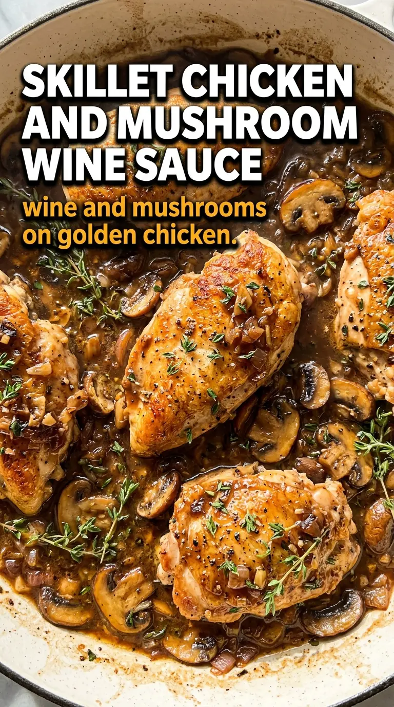 Skillet chicken and mushroom wine sauce with glossy mushrooms and herbs