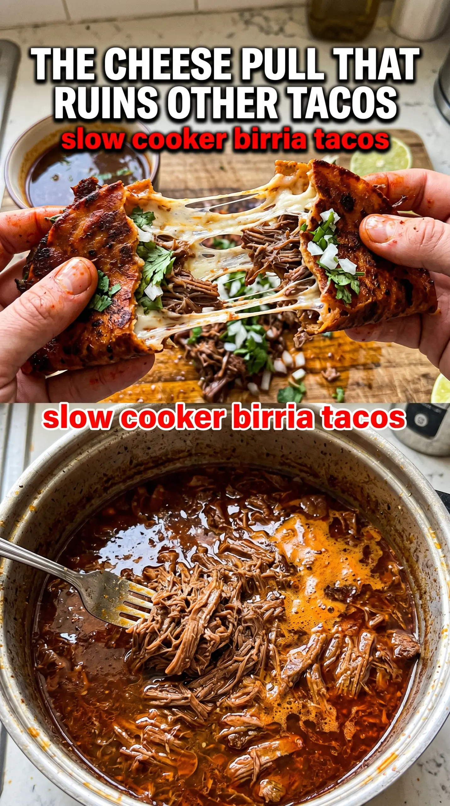 Slow Cooker Birria Tacos cheesy, saucy, crispy
