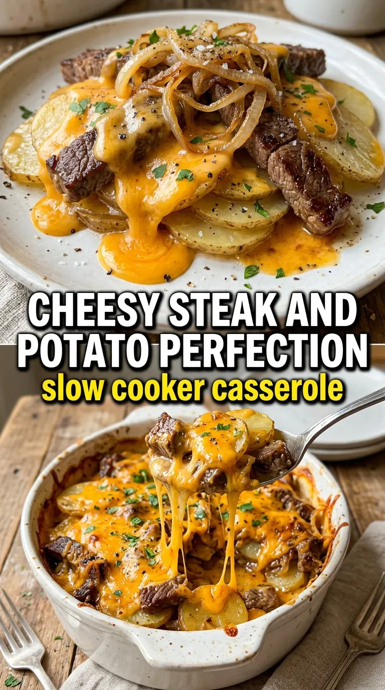 Slow Cooker Steak and Cheddar Potato Casserole cheesy layers steak potatoes