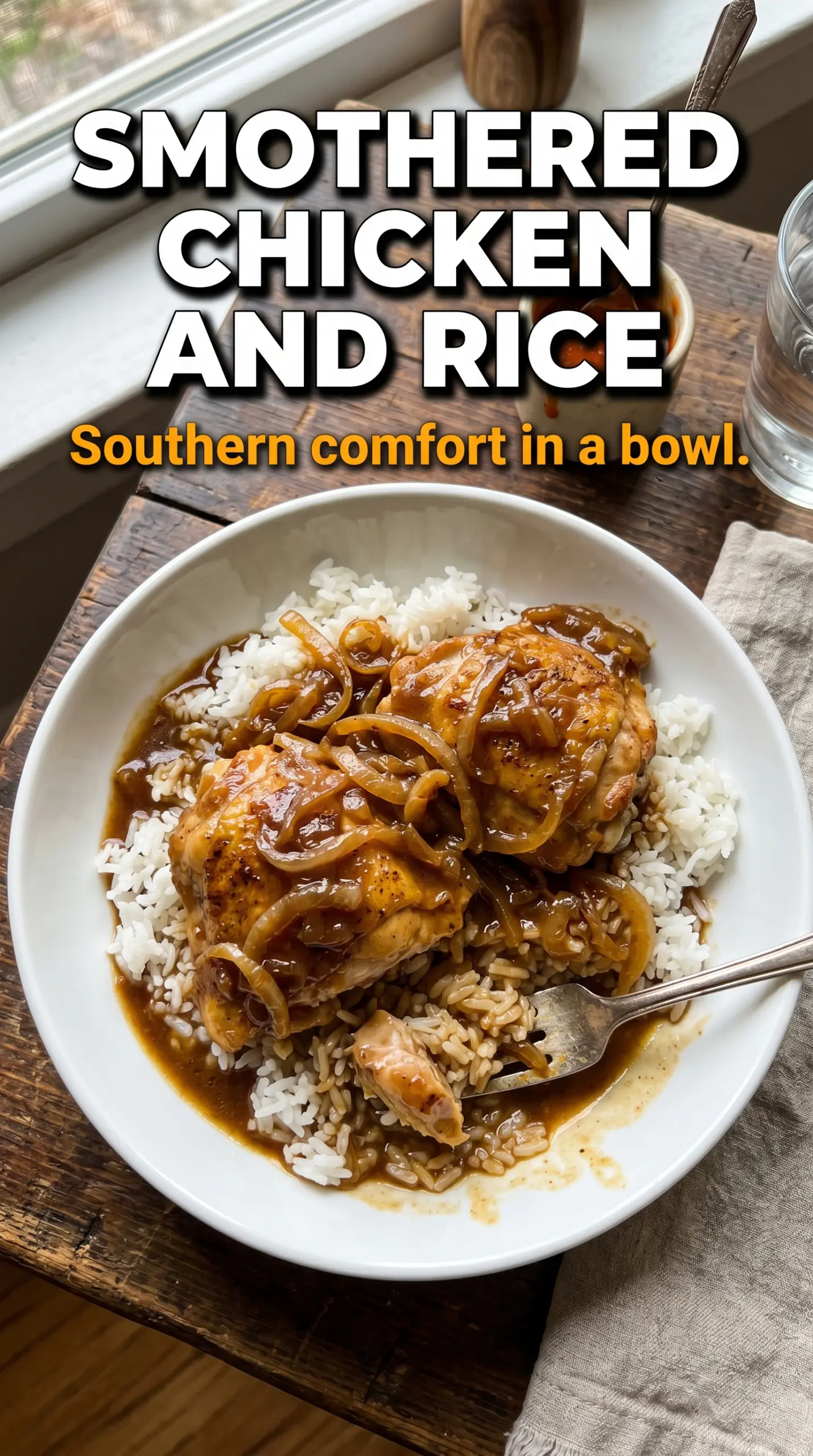 Smothered Chicken and Rice rich onion gravy, fluffy rice, skillet dinner
