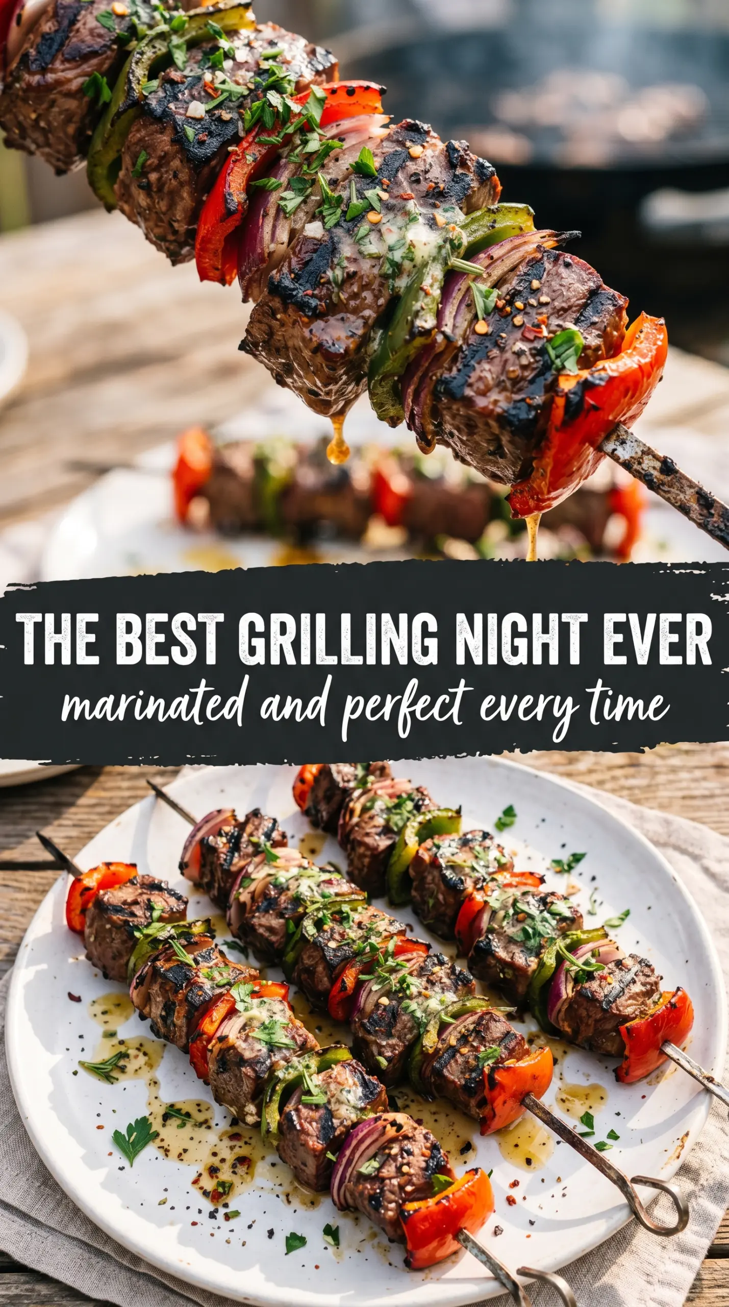 Grilled meat and vegetables on skewers or plate