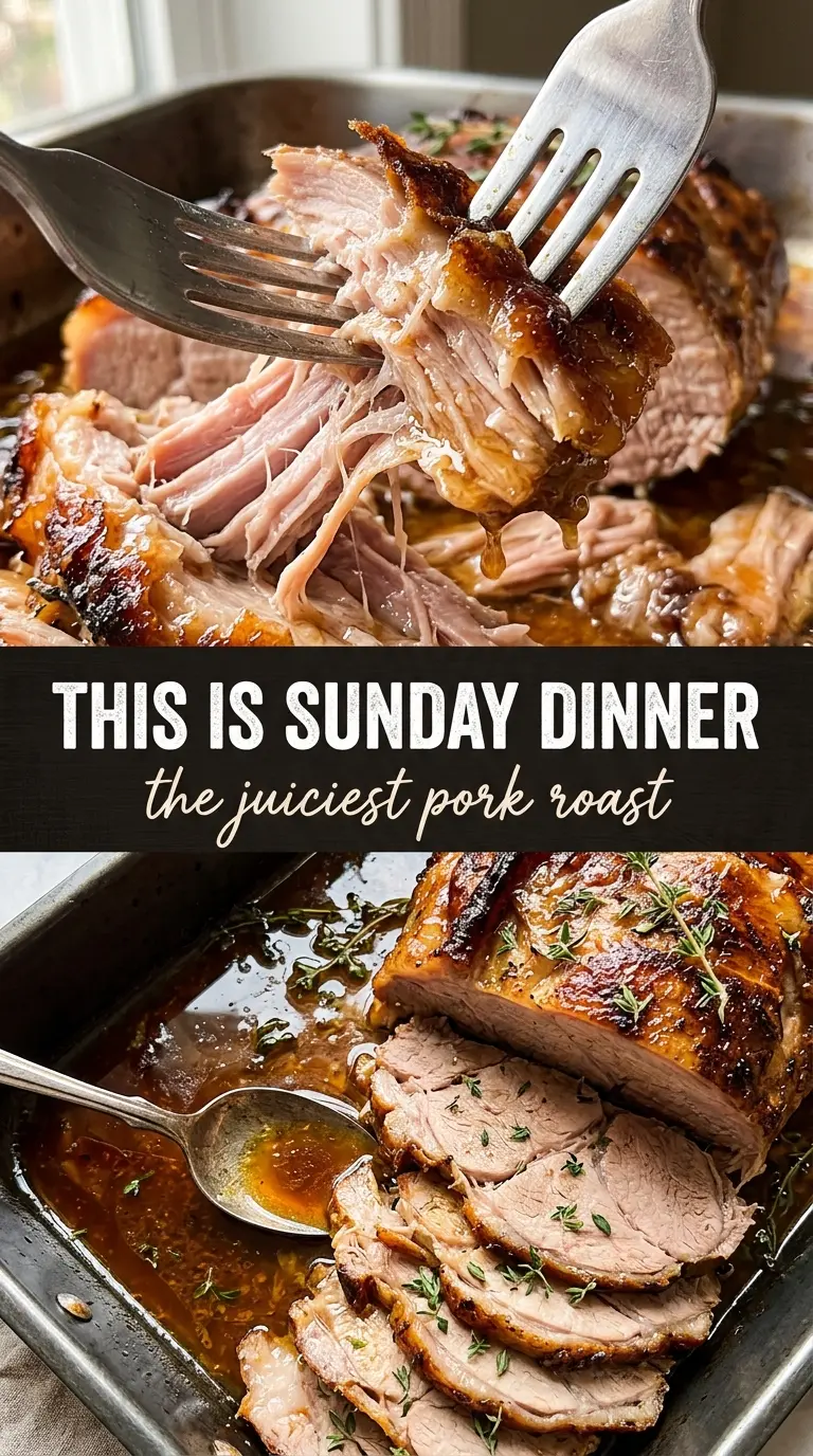 Tender Juicy Pork Roast with golden herb crust, juicy slices