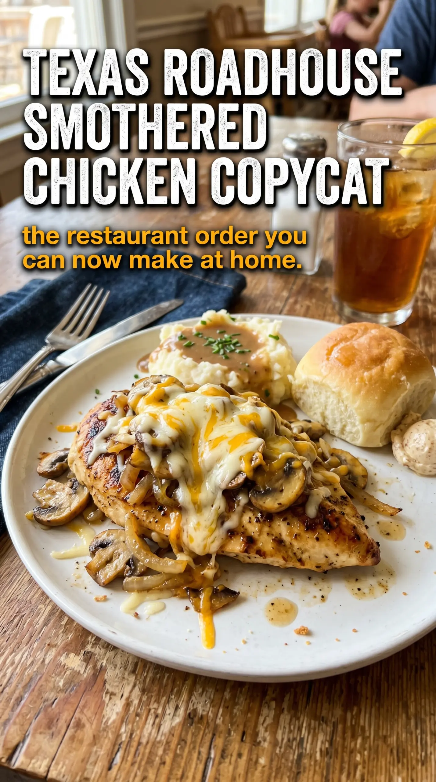 Texas Roadhouse Smothered Chicken Copycat cheesy mushrooms onions