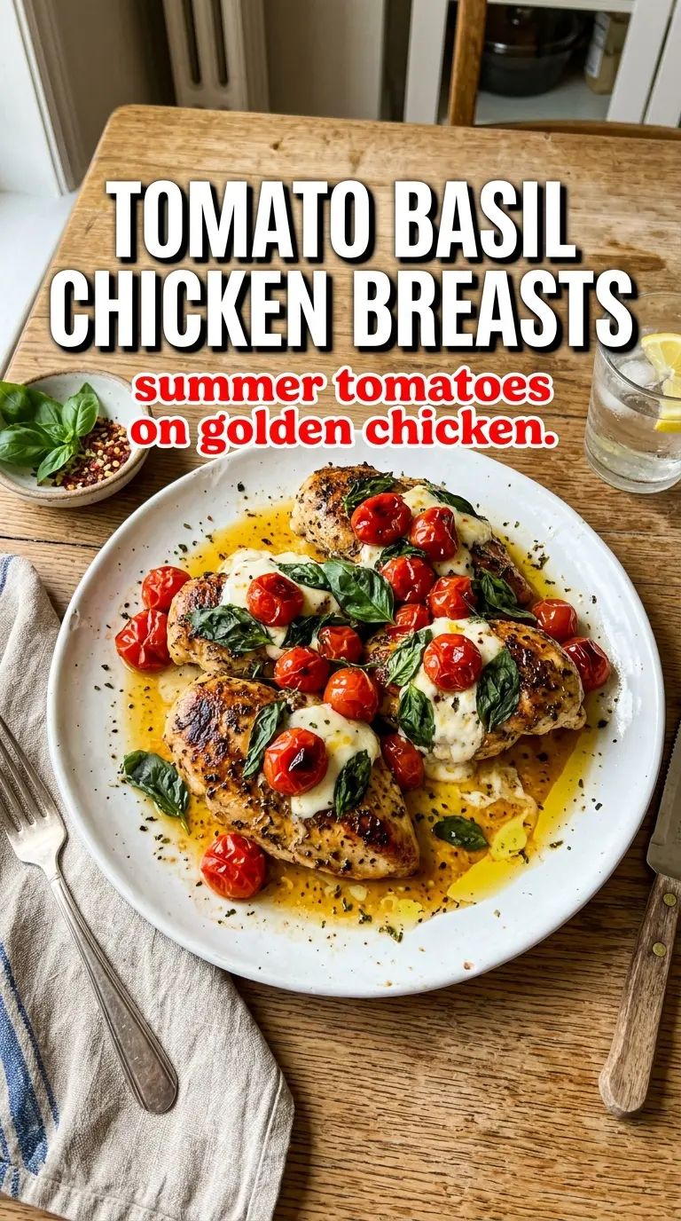 tomato basil chicken breasts, bright skillet, fresh basil