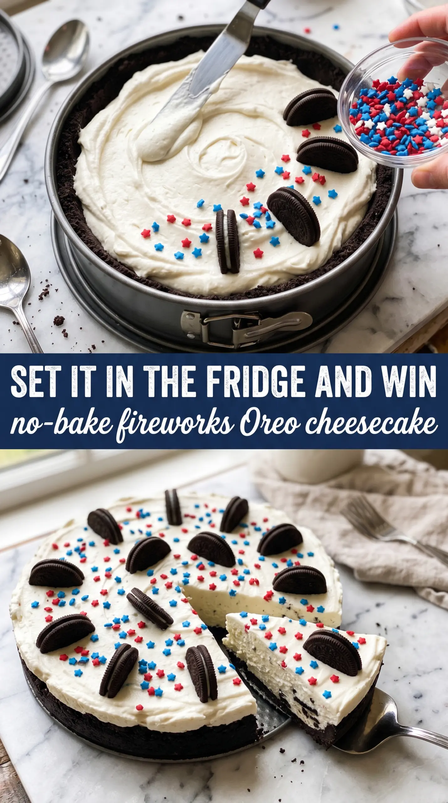 No-Bake Fireworks Oreo Cheesecake red white blue