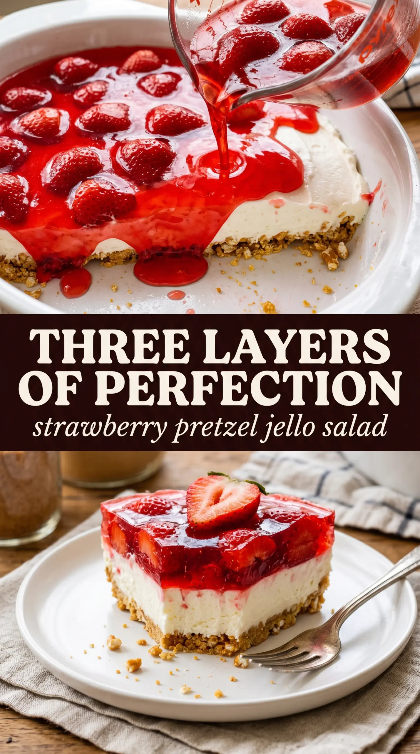 Strawberry Pretzel Jello Salad layered dessert, salty-sweet, creamy