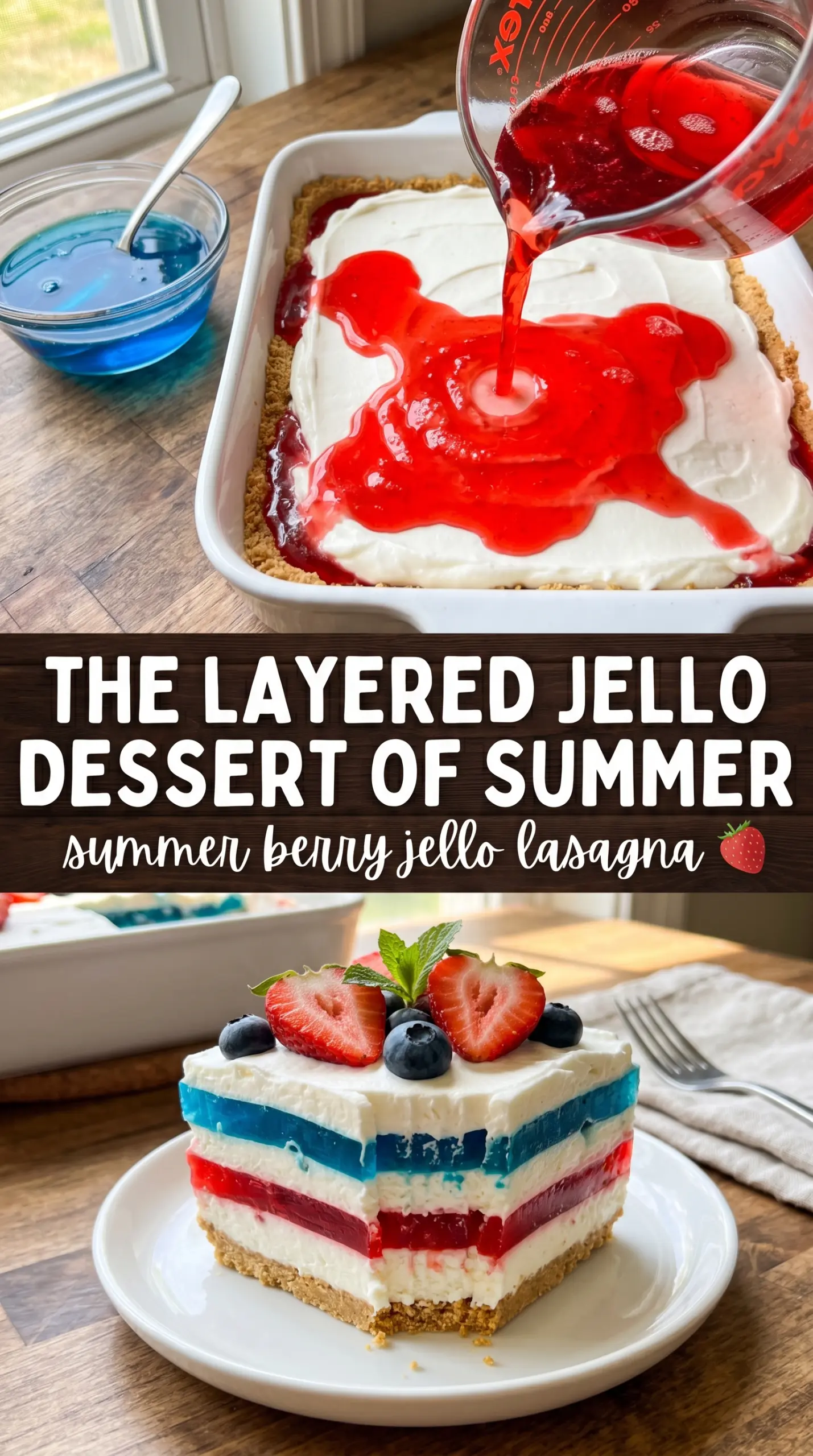 Summer Berry Jello Lasagna, layered dessert, strawberry blueberry