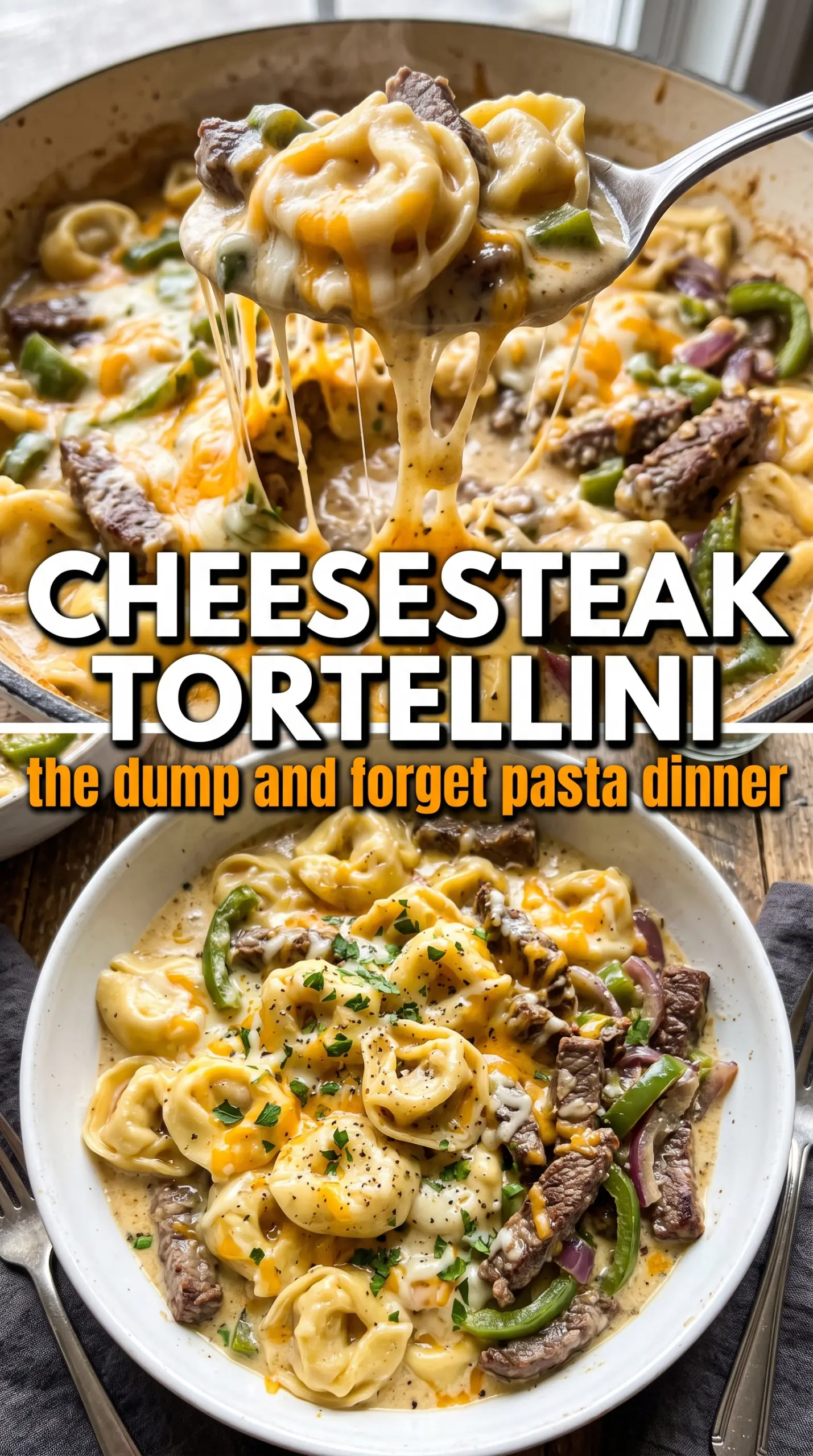 Crock Pot Cheesesteak Tortellini cheesy tortellini, tender steak, peppers