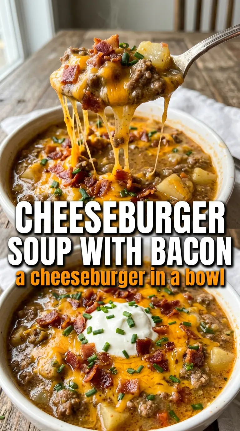 Crockpot Cheeseburger Soup with Bacon creamy bacon-topped