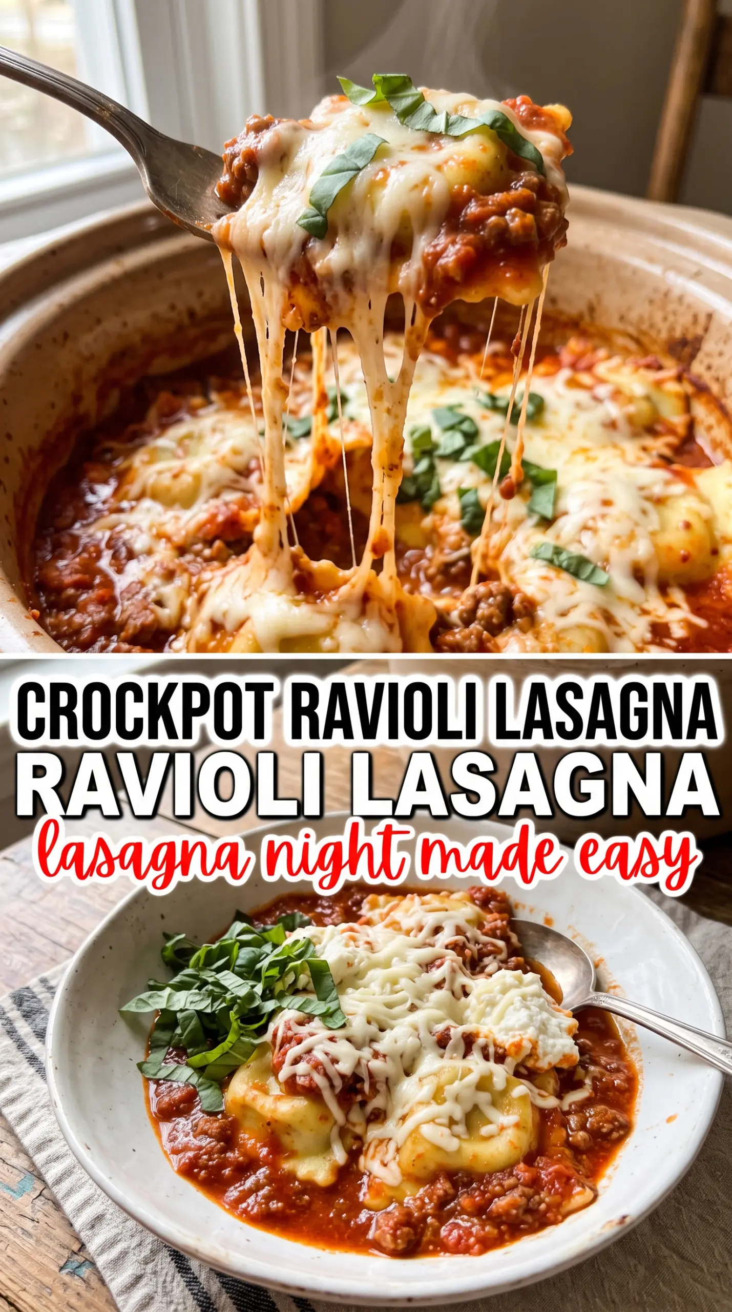 Crockpot Ravioli Lasagna cheesy layered, bubbling, comforting