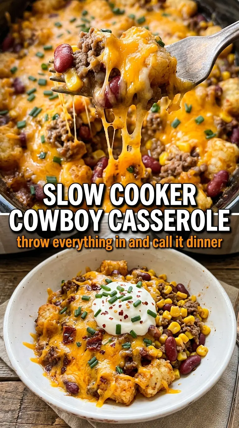 Slow Cooker Cowboy Casserole cheesy tater tots, beefy, rustic