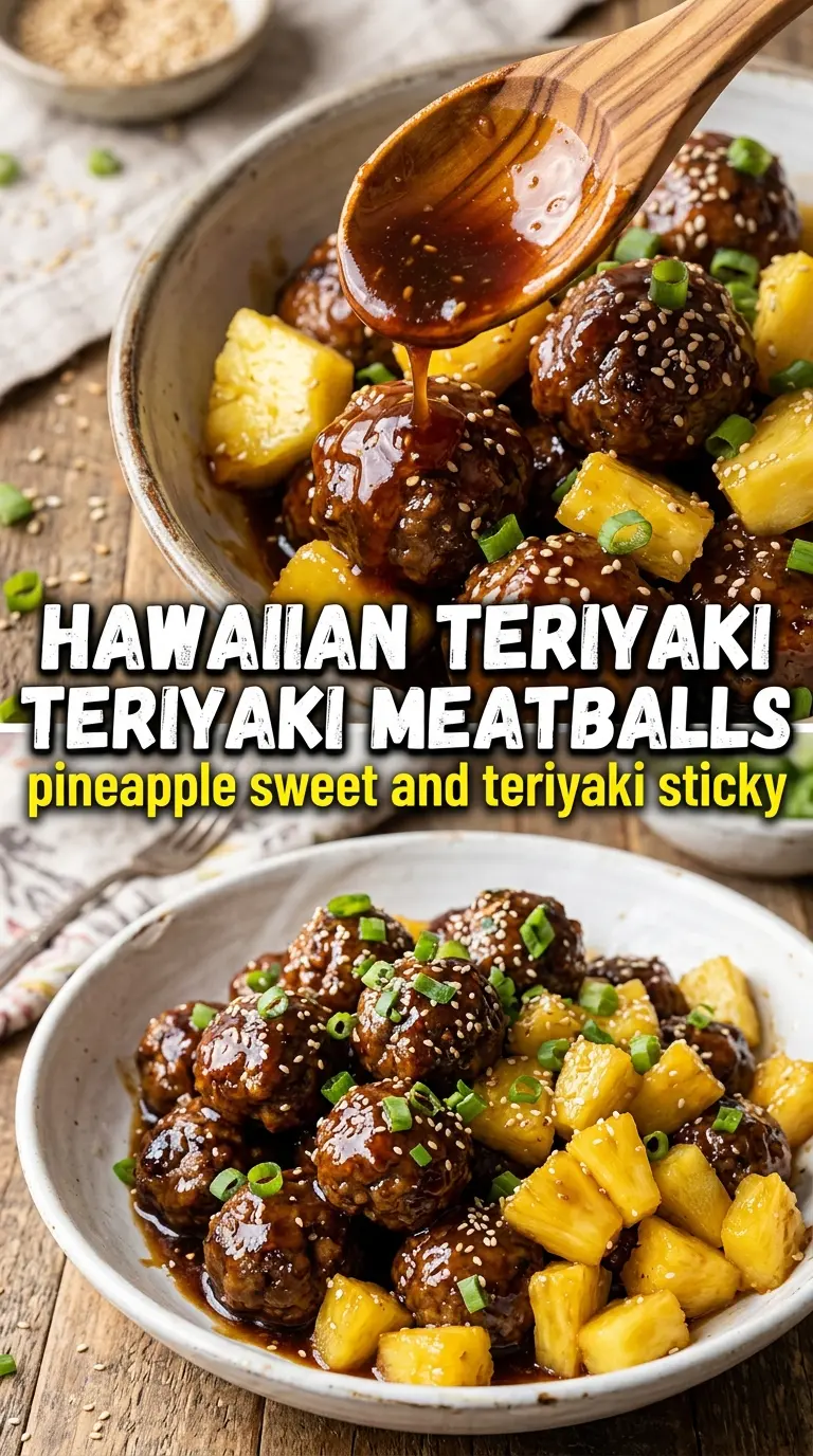 Slow Cooker Sweet Hawaiian Teriyaki Meatballs glossy pineapple sesame