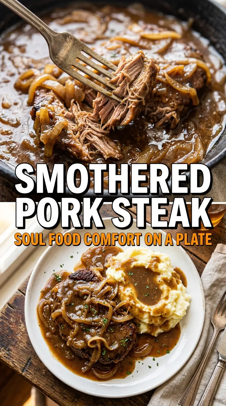 Smothered Pork Steak with onion gravy, tender braised, Southern comfort