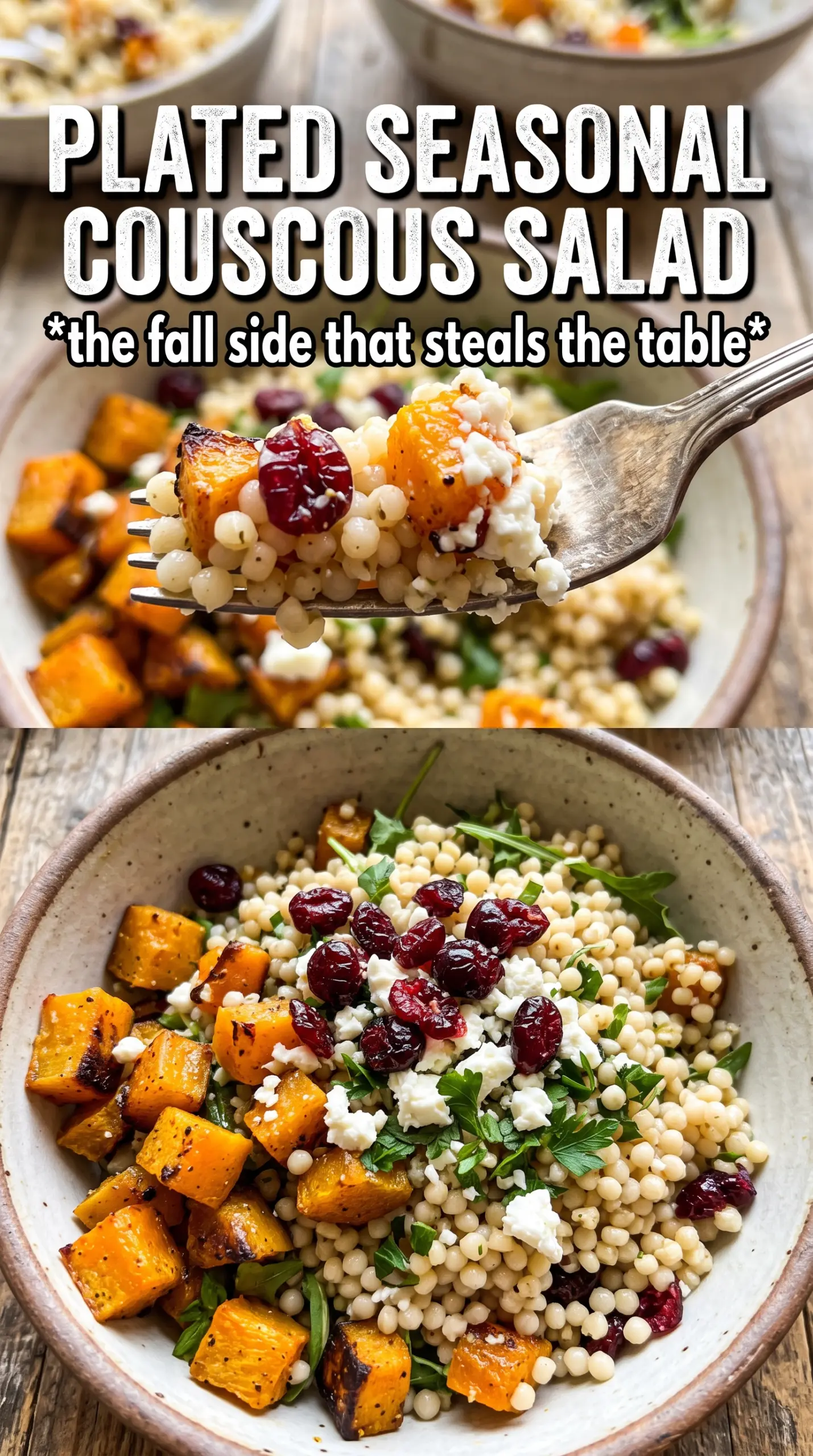 Autumn Pearl Couscous Salad with roasted squash, cranberries, and goat cheese