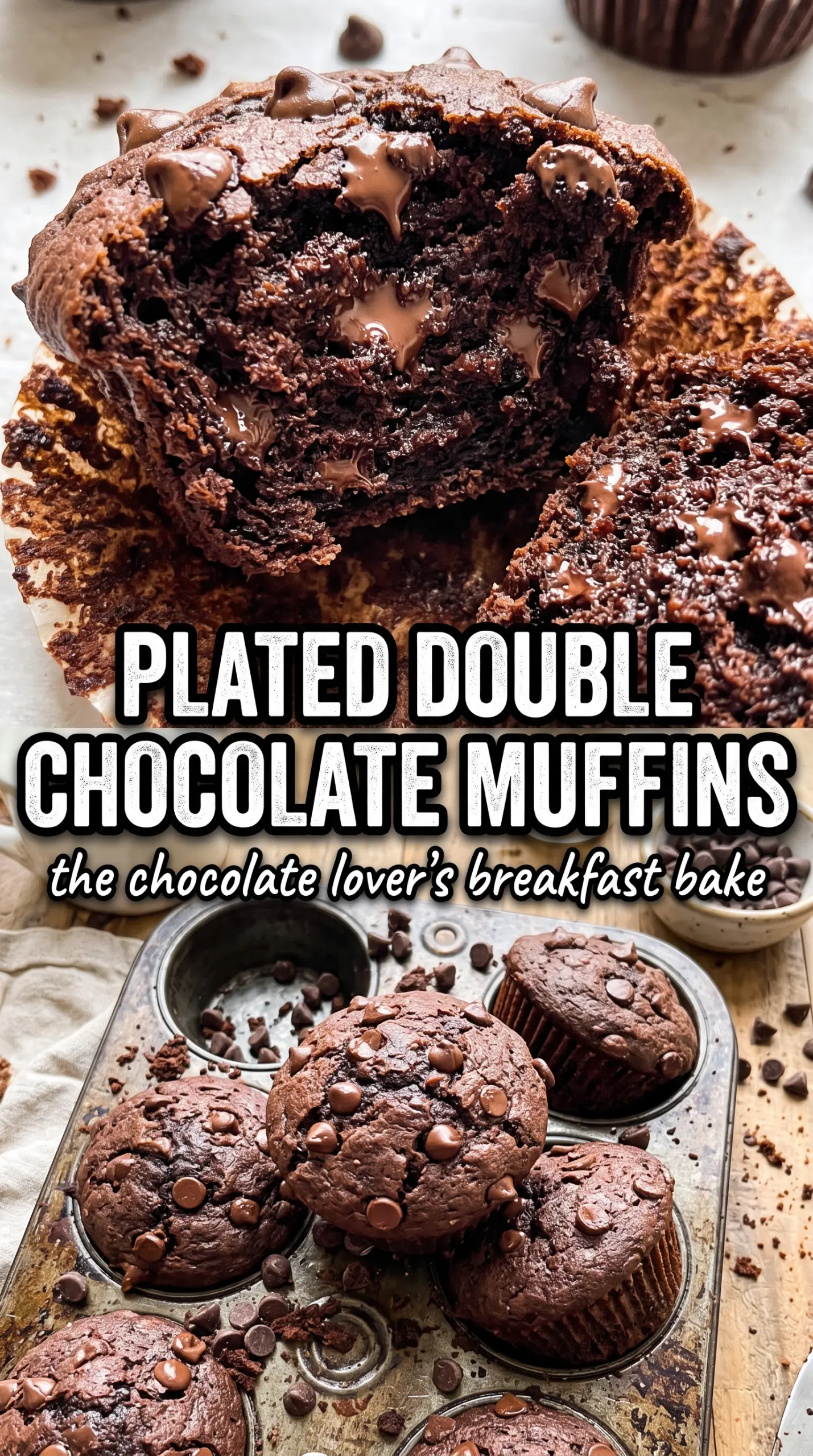 Double Chocolate Muffins dark chocolate domes, melty chips, glossy tops