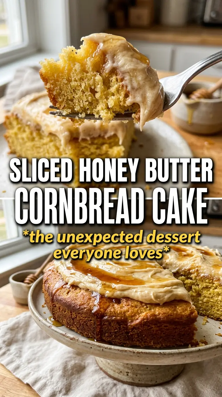 Layered cornbread cake with honey butter frosting, golden and sweet-salty
