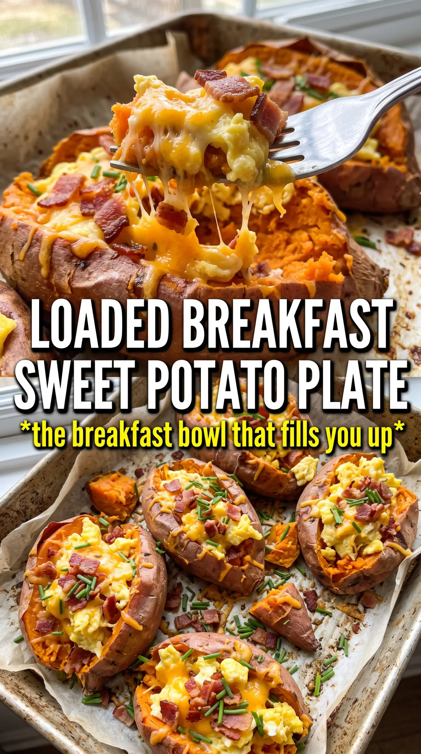 Breakfast Sweet Potato loaded eggs bacon cheddar