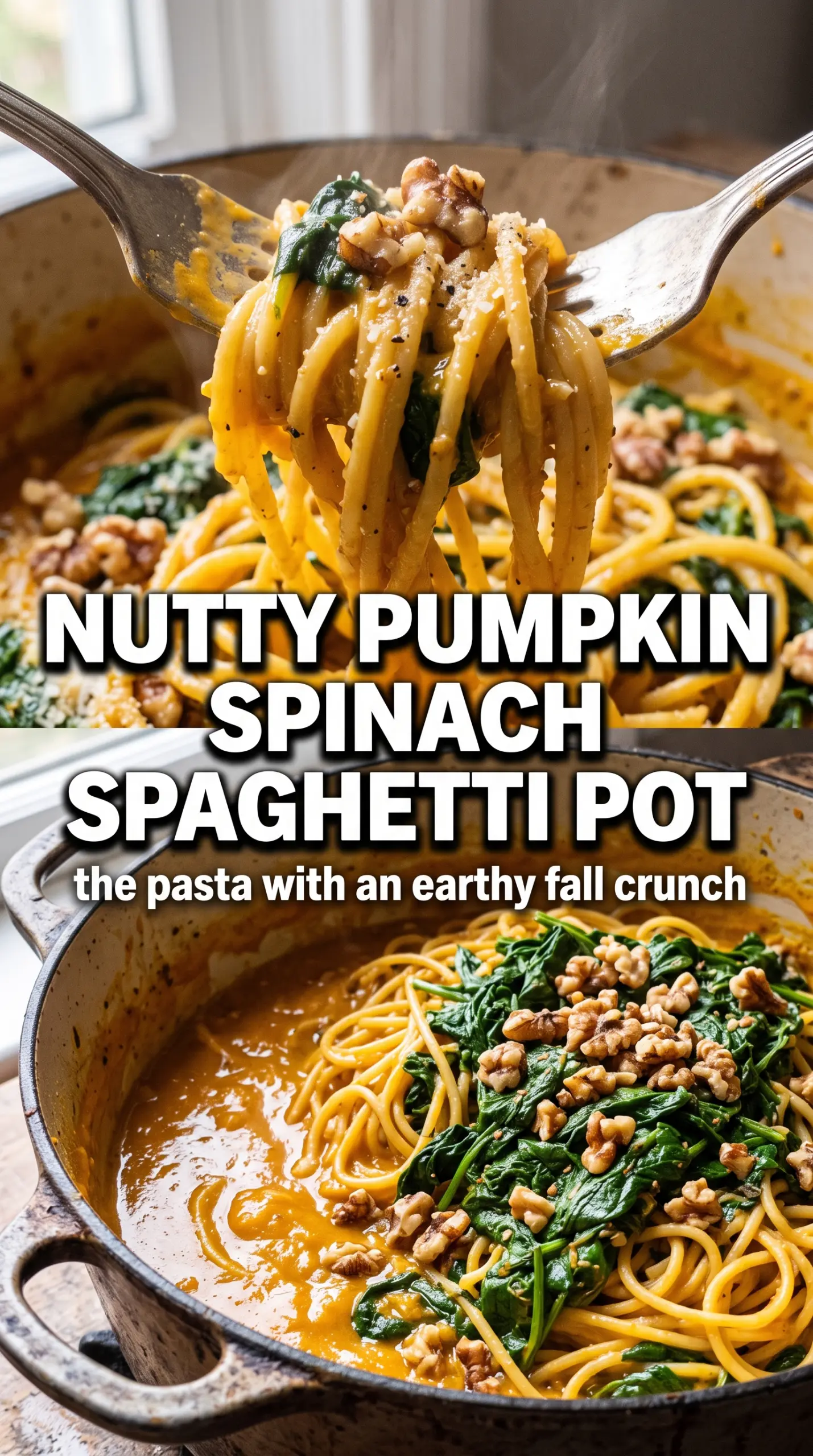 Pumpkin Spinach and Walnut Spaghetti creamy sage-topped