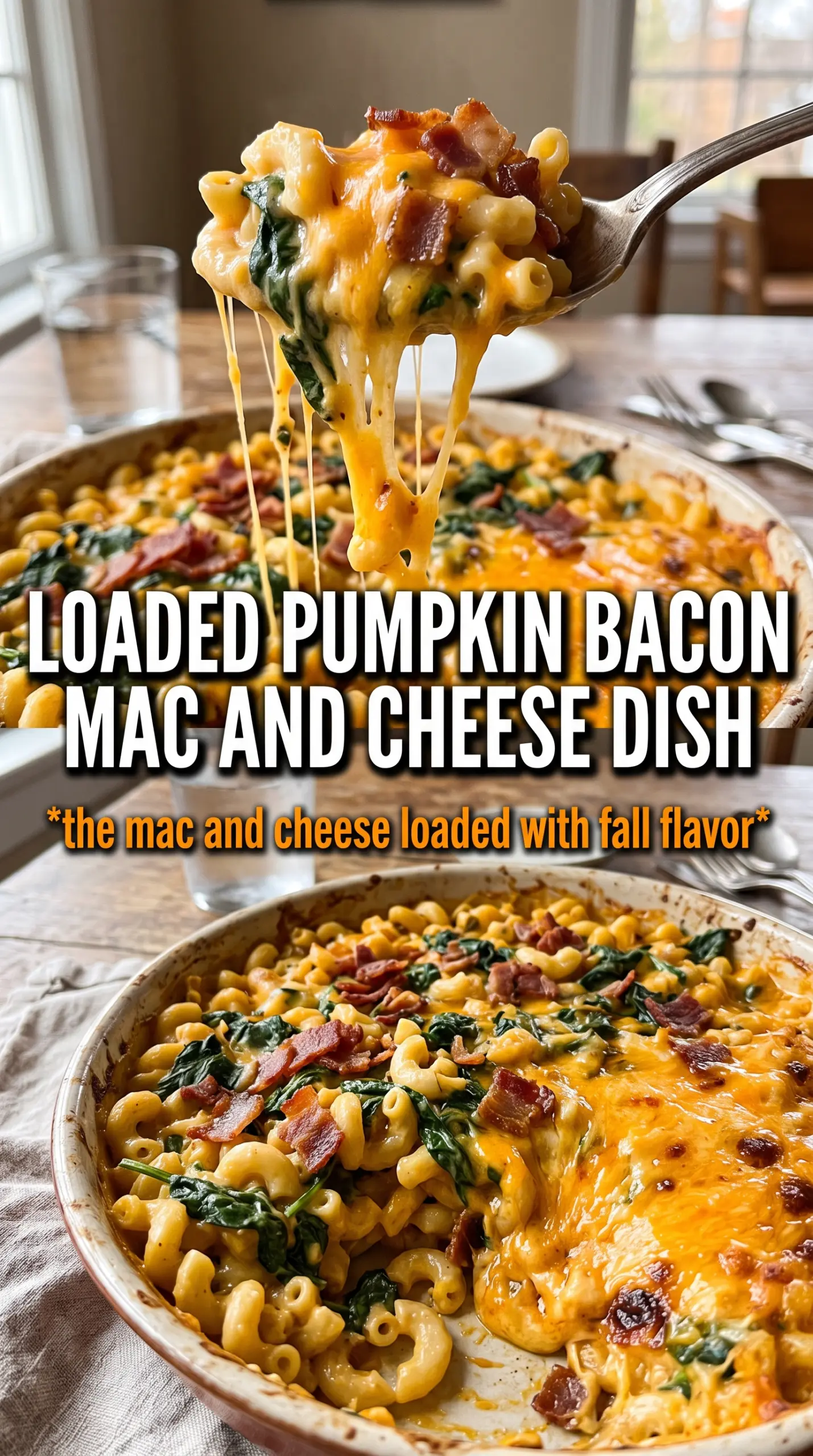 Spinach Bacon Pumpkin Mac and Cheese creamy baked pasta
